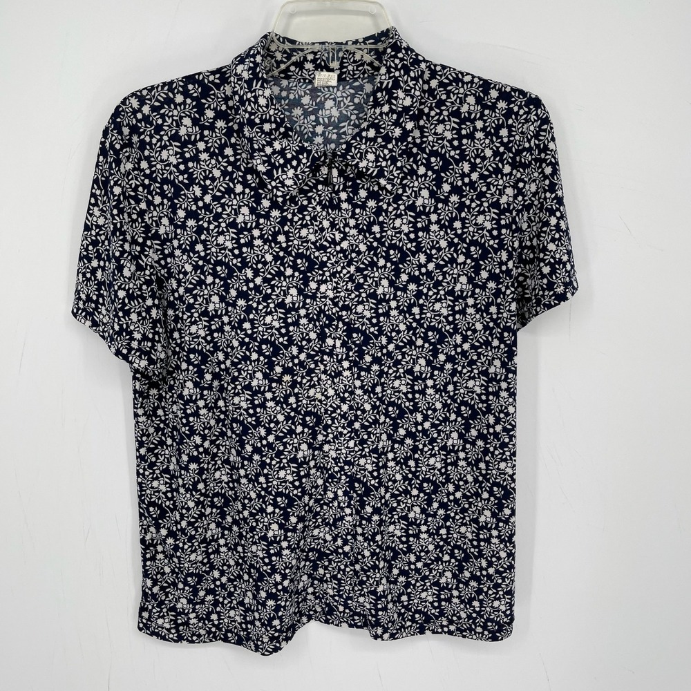 Women's Navy Blue Floral Print Short Sleeve Button Front Top Blouse Size 23